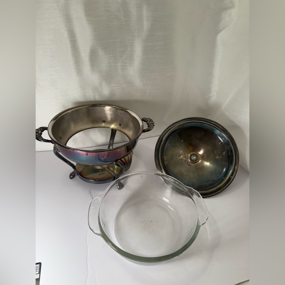 Antique 3 Piece Raimand Silver Plated 3 Footed Chafing Dish W/ Lid, Fire King - Picture 4 of 9